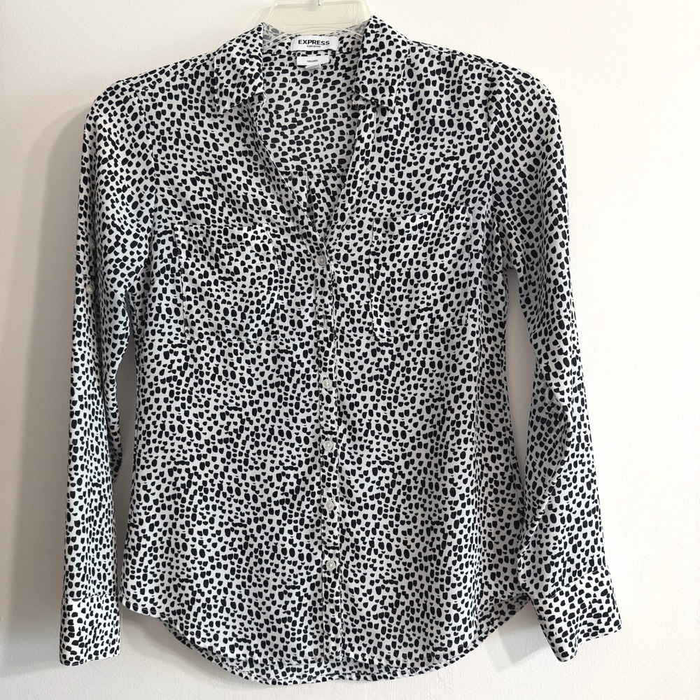 Express Portofino Roll Tab Shirt Womens Size‎ XS Black White Dot Print Office